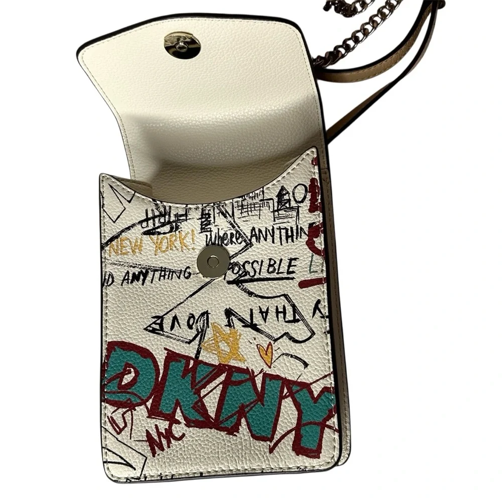 DKNY Womens Elissa North South Cream Graffiti Print Leather Crossbody‎ Bag